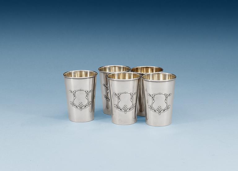 A SET OF FIVE RUSSIAN PARCEL-GILT BEAKERS, makers mark of Ivan Chlebnikov, Moscow 1908-1917.
