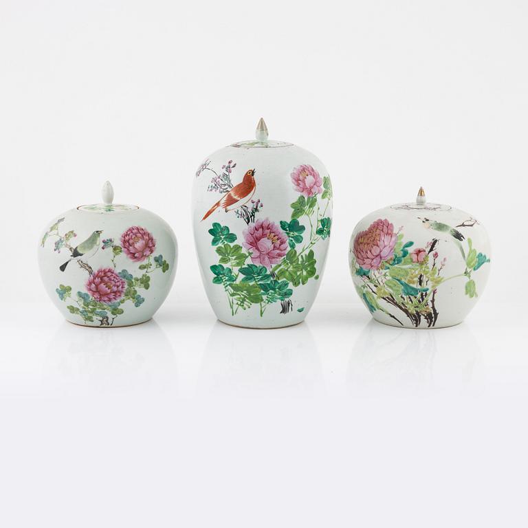 Three Famille Rose porcelain urns, china, first half and middle of the 20th century.