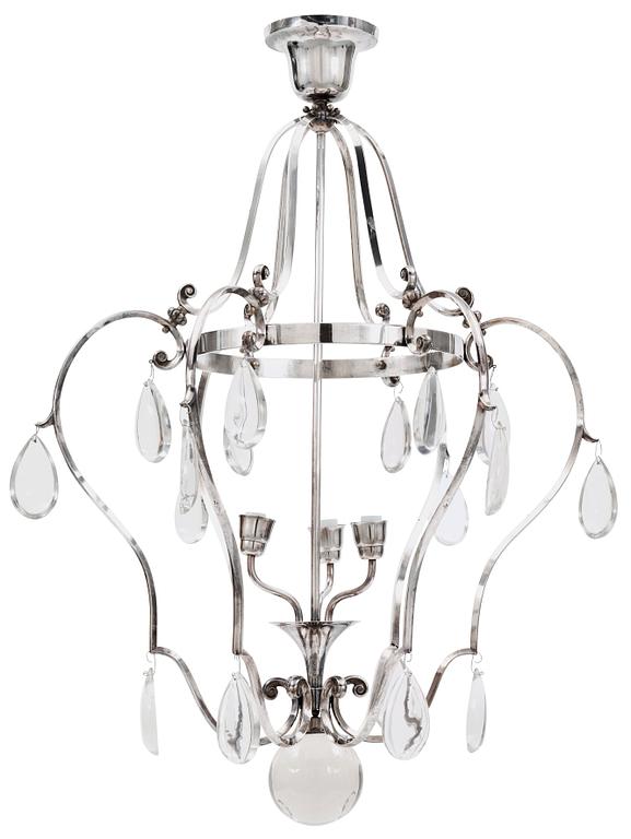 An Elis Bergh silver plated chandelier by C.G Hallberg, Sweden 1920's.