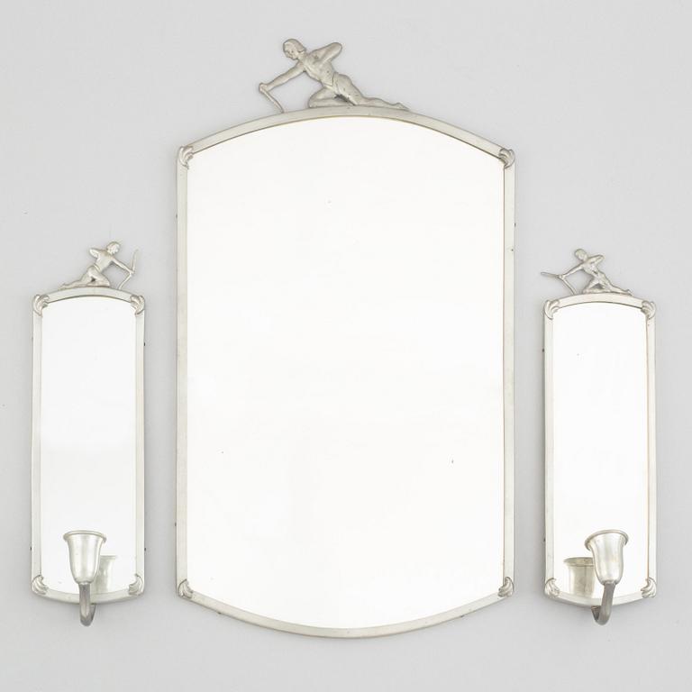 A mirror and a pair of wall sconces, 1920's/30's.