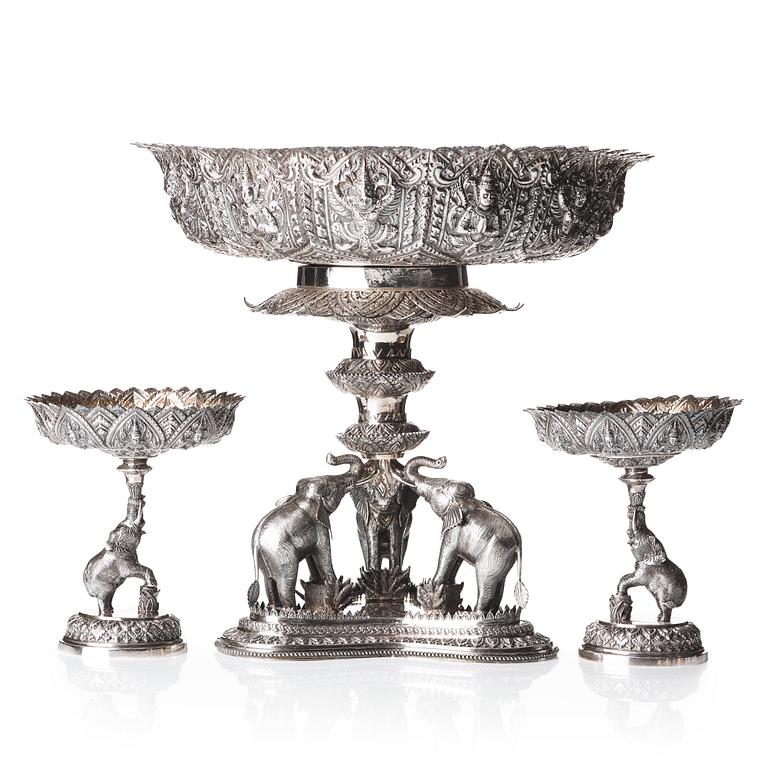 A three piece silver garniture, Thailand, circa 1900.