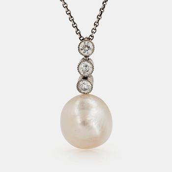 1118. A platinum and pearl pendant set with old-cut diamonds.