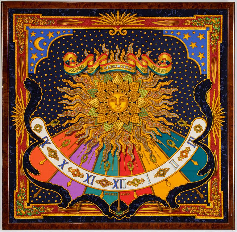 Hermès, a framed 'Carpe Diem' silk scarf.