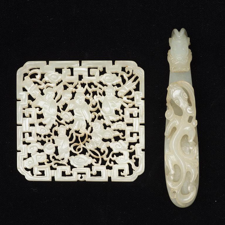 A nephrite belt hook and object, presumably late Qing dynasty, circa 1900.