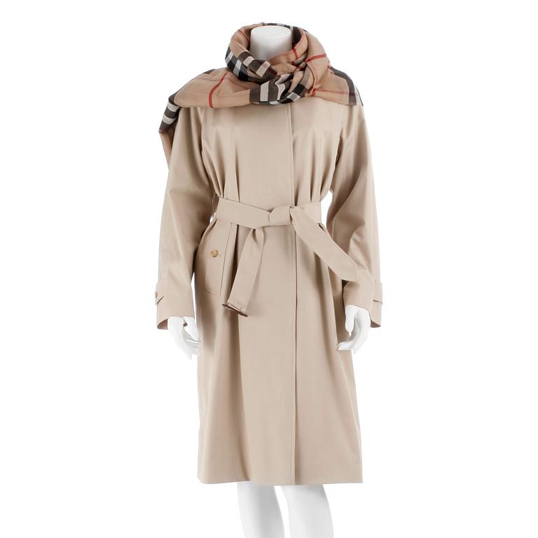 BURBERRY, a beige cotton blend trench coat and a shawl.