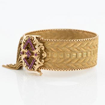 Bracelet, 18K gold with tassels and pink stones, Italian hallmark.