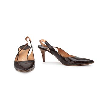 LOUIS VUITTON, a pair of brown monogram patent leather lady's shoes.