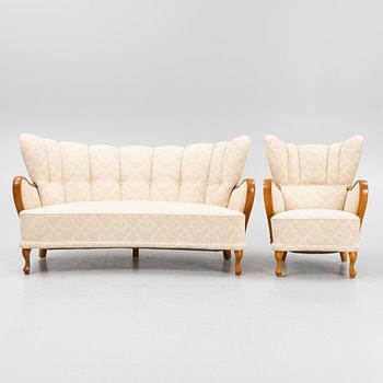 A Swedish Modern sofa and armchairs, 1940's.