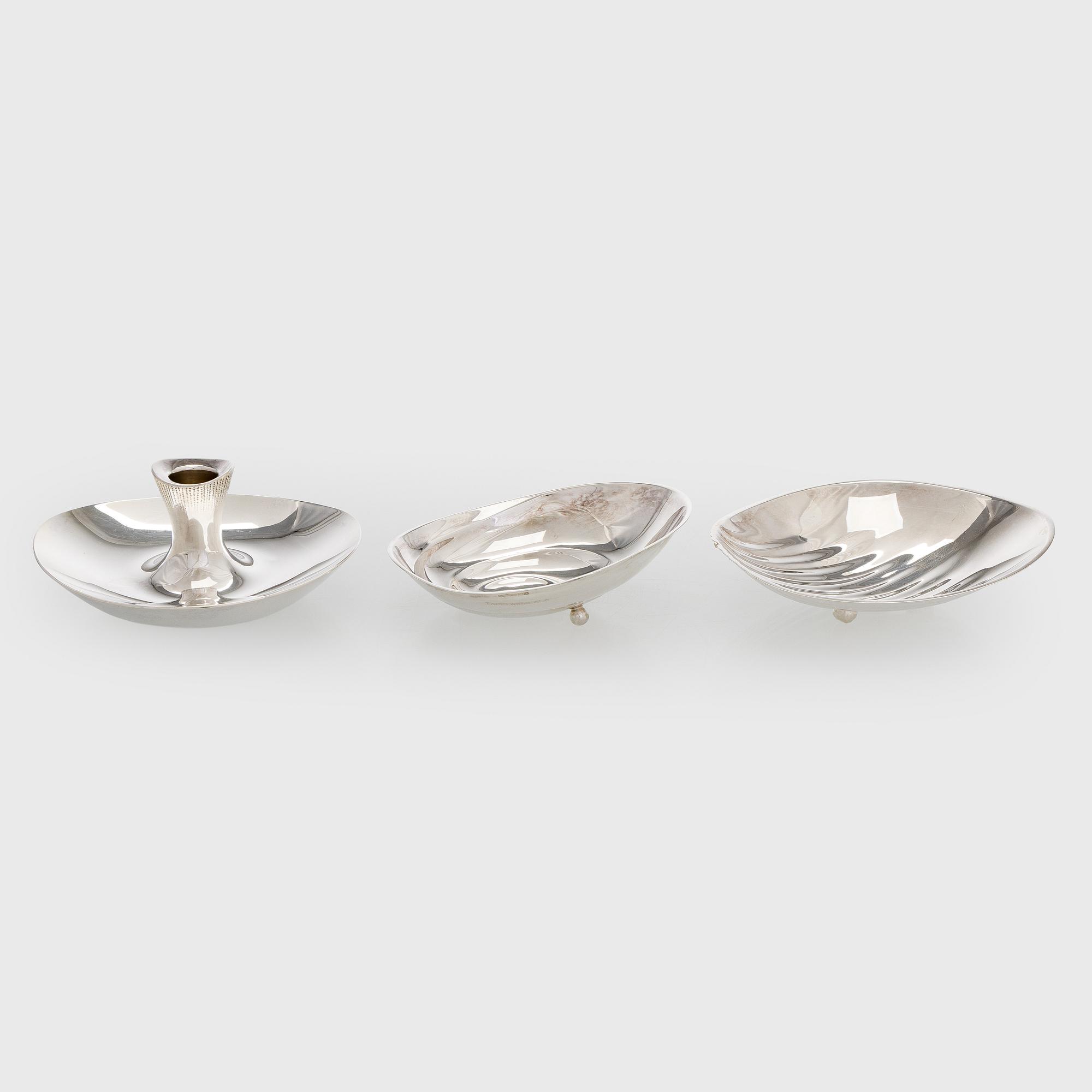 Tapio Wirkkala, Two silver bowls and a silver candlestick, Hopeatehdas, Helsinki, 1958 and 1961.