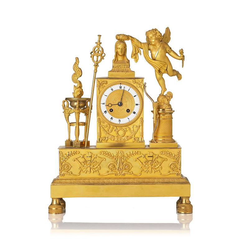 A French Empire ormolu figural mantel clock, early 19th century.