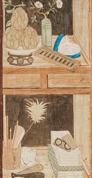 131. A watercoulor of a shelf with fruits, flowers, books and reading glasses, Qing dynasty, 18th century.