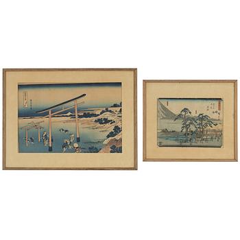 Katsushika Hokusai, efter, och Ando Utagawa Hiroshige, färgträsnitt, 2st, Japan, 18/1900-tal.