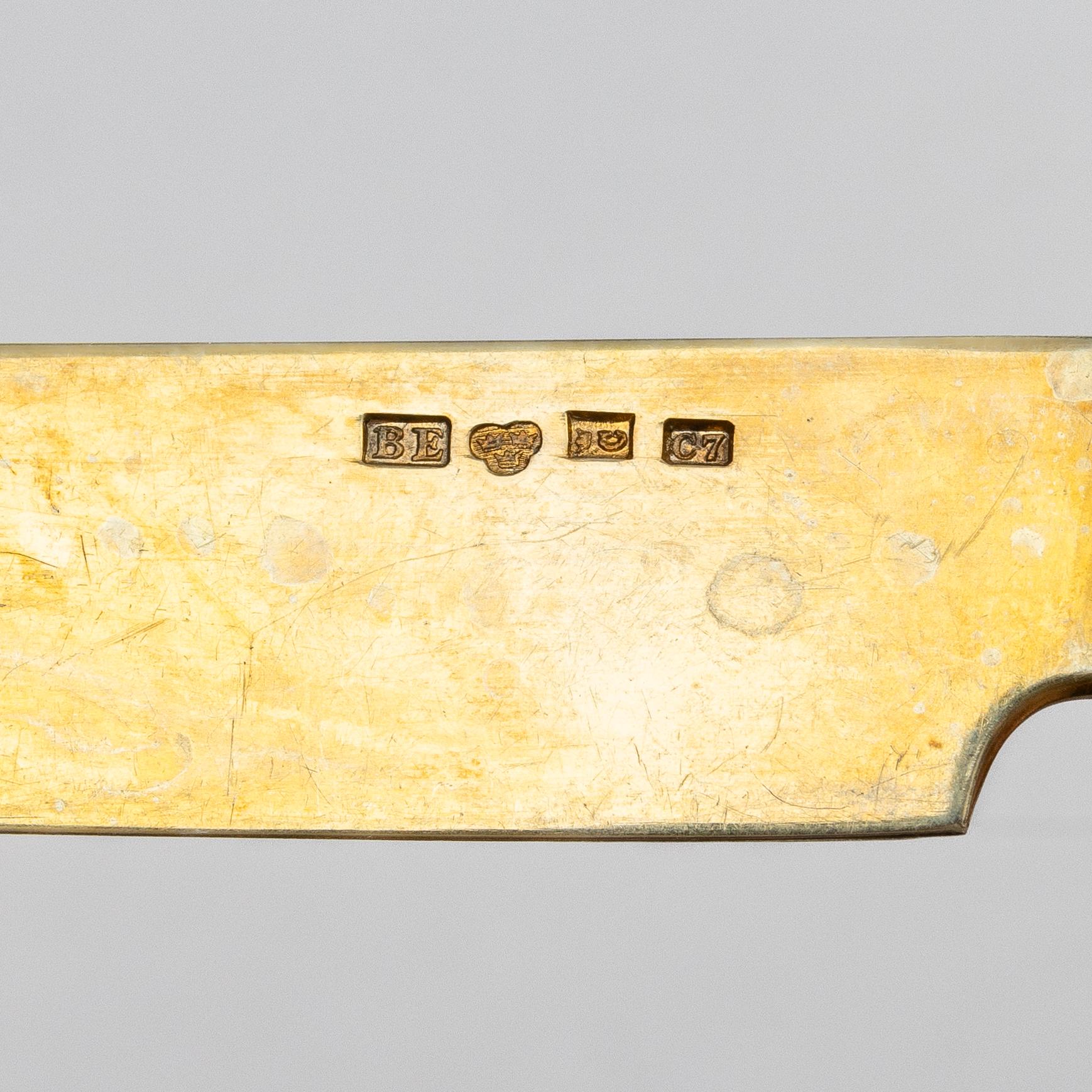 Johan Petter Grönvall, dessertbestick, 36 st, förgyllt silver, Stockholm 1818-1821, knivarna av Bernt Erlandsson,