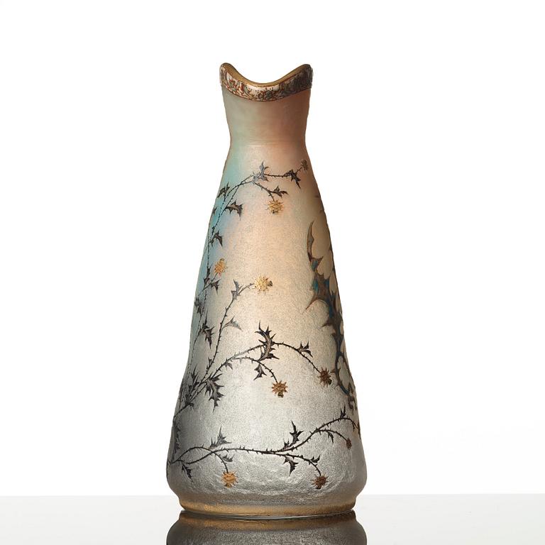 Daum, an opalescent etched and enamel painted glass vase, Nancy, France, 1890's.