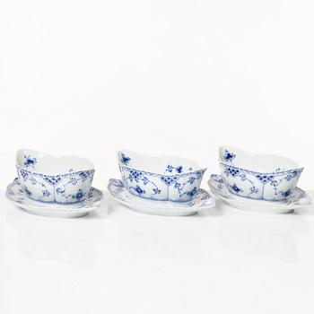 Royal Copenhagen, three sauceboats, 'Blue Fluted Full Lace', Denmark, 1979-83.
