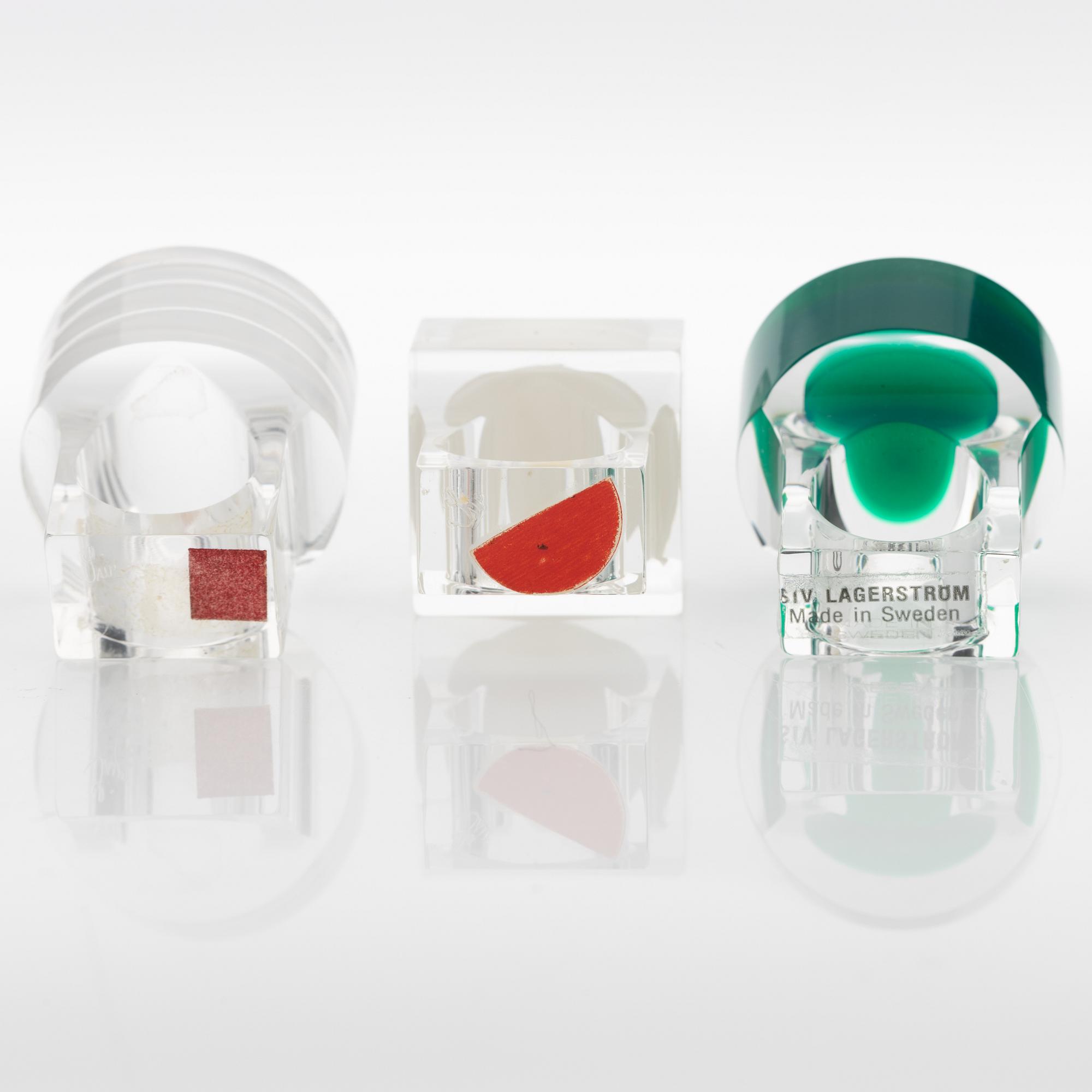 Siv Lagerström, three acrylic plastic rings, 1970s.