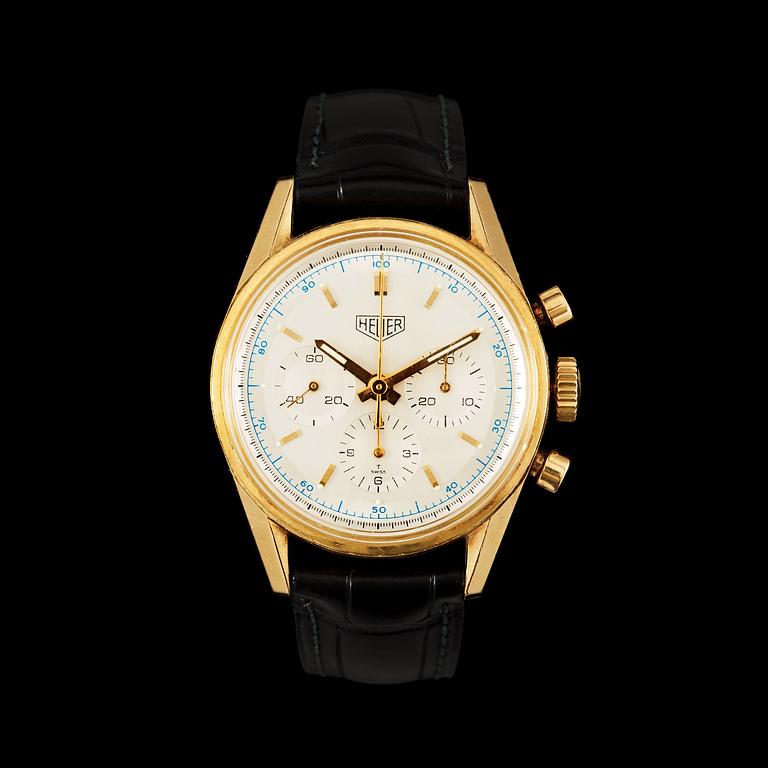 Heuer (TAG-Heuer) - Carrera 1964. Automatisk. Kronograf. Guld/läderband. Cert och Box. 35mm. 1997/1998.