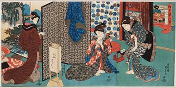 UTAGAWA KUNISADA, Toyokuni III (1786-1864), triptych, color woodblock print, Japan, "Eight Views of Edo Figures".