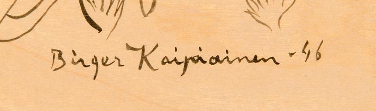 Birger Kaipiainen, teckning, tusch på plywood, signerad Birger Kaipiainen -46.