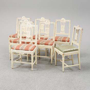Seven Gustavian chairs from around year 1800.