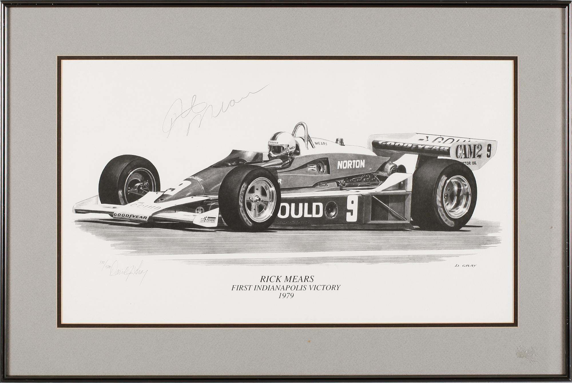 DAVID GRAY, 2 st, litografier, signerade samt med autografer bla Rick Mears, numrerade 100/500 resp 385/500.