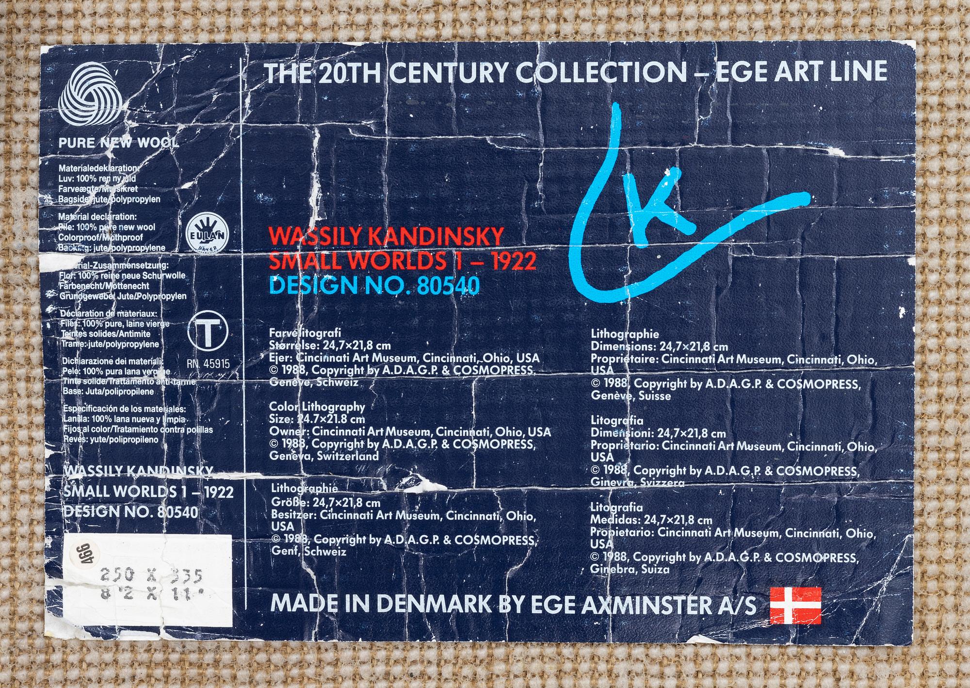 Wassily Kandinsky, efter. Matta, tuftad, "Small Worlds I",  Ege Art Line, Ege Axminster, Danmark, 1988, ca 330 x 245 cm.
