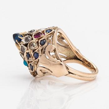 A ca. 12K gold ring with gemstones and seed pearl.