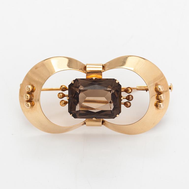 Helge Narsakka, a necklace and a brooch, 14K gold, smoky quartz and synthetic spinel. Lahti 1965.