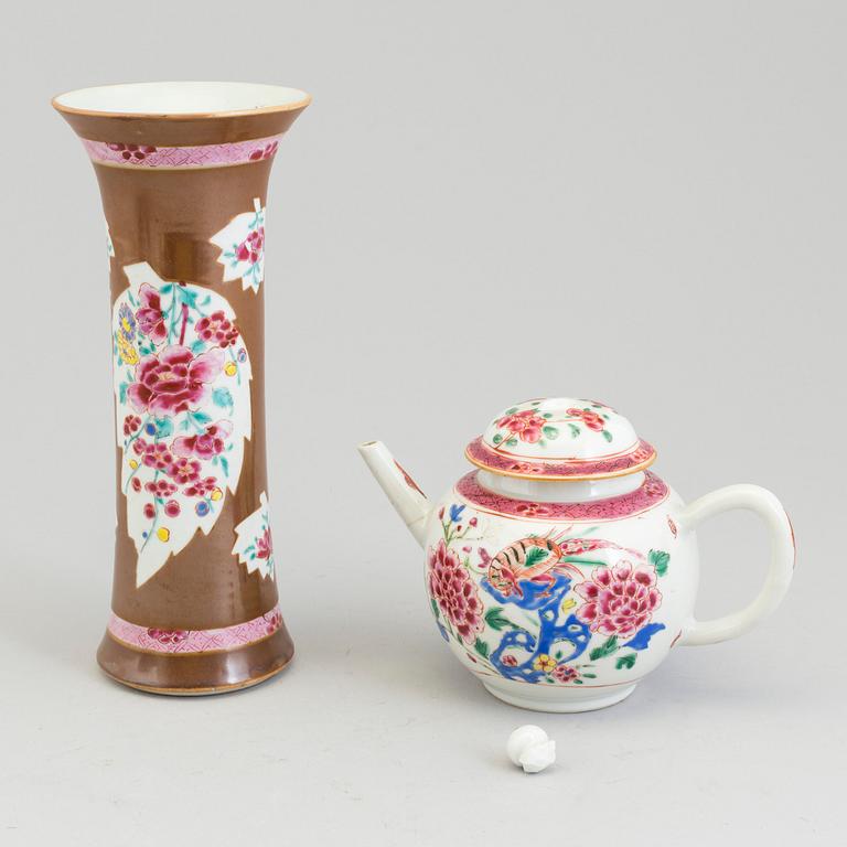 A famille rose teapot with cover, trumpetvase and bowl, Qing dynasty, Yongzheng (1723-35) and Qianlong (1736-95).