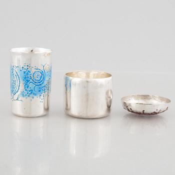 A silver and enamel box with lid and a small beaker, marks of Lars Arby, Gothenburg, Sweden 1963-1964.
