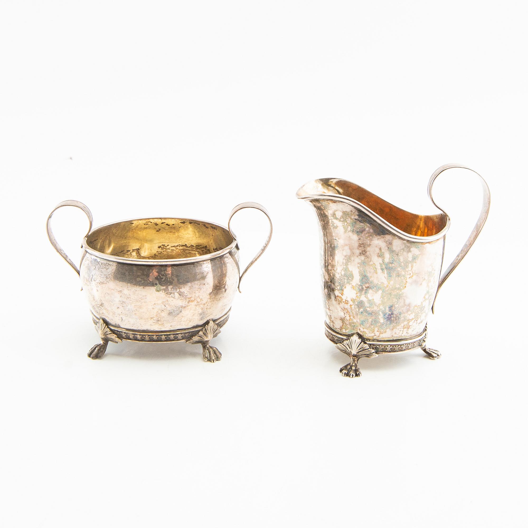 Cream jug and sugar bowl, Gustavian style silver Möllenborg Stockholm 1895 and 1918.