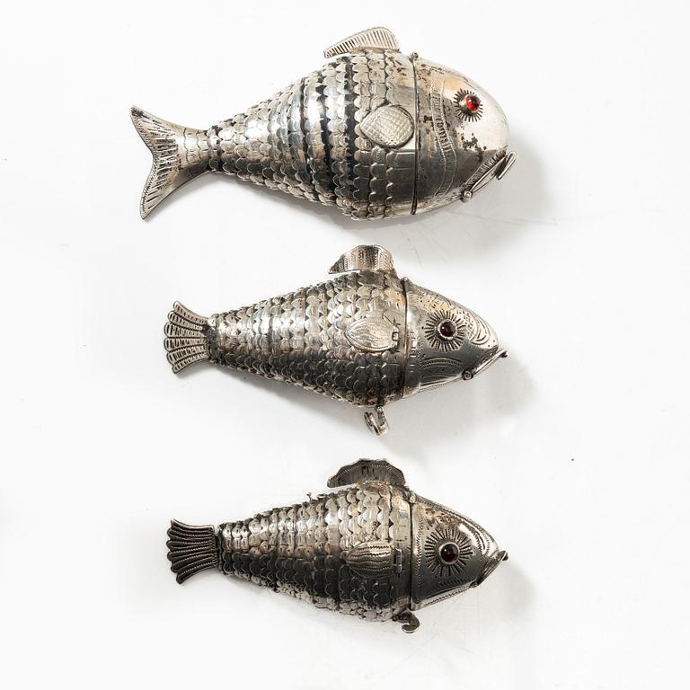 A set of three silver table decorations/boxes, 19th Century.