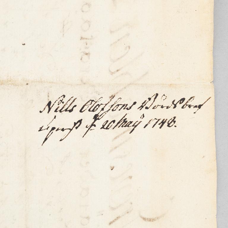 Handskrift (1748) med två fina vaxsigill.