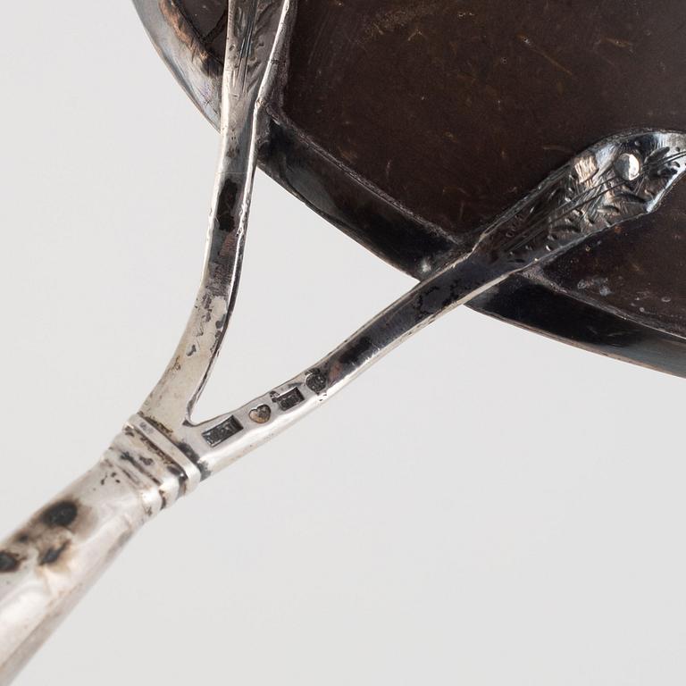 Three soup ladles and one gravy ladle, silver, Visby and Stockholm, Sweden, mid 19th century.