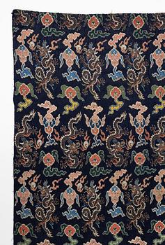 A set of three bolts of silk with 'five clawed dragons' against a midnight blue ground, Qing dynasty, 19th century.