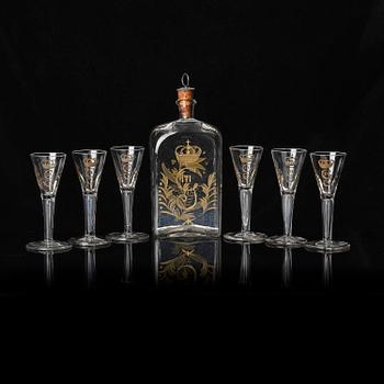 Plunta samt sex stycken spetsglas med Gustav IIIs monogram, Sverige, 1700-tal.