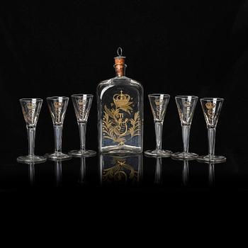 A set of six glasses and a bottle, Sweden, 18th century with King Gustavus IIIs monogram.