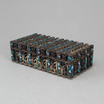 A Chinese copper plated with silver and alpaca and enamelled box with cover, 20th century.