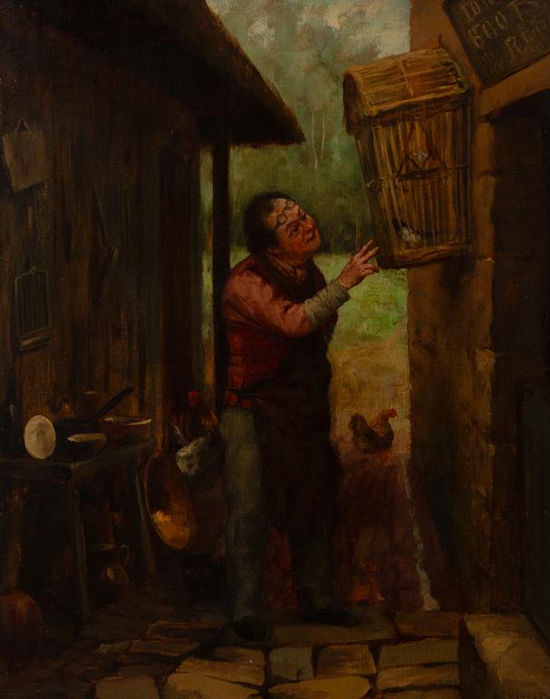 English artist, 19th century, signed E J Harland, Man with aviary.