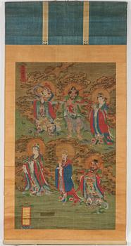 Two Chinese scroll paintings of Heavenly and Earthly Deities from the Water-Land Ritual, late Qing dynasty.