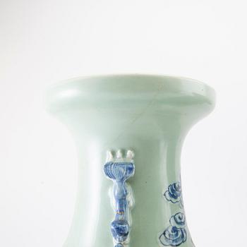Two underglaze blue and celadon ground vases, late Qing dynasty and 20th century.