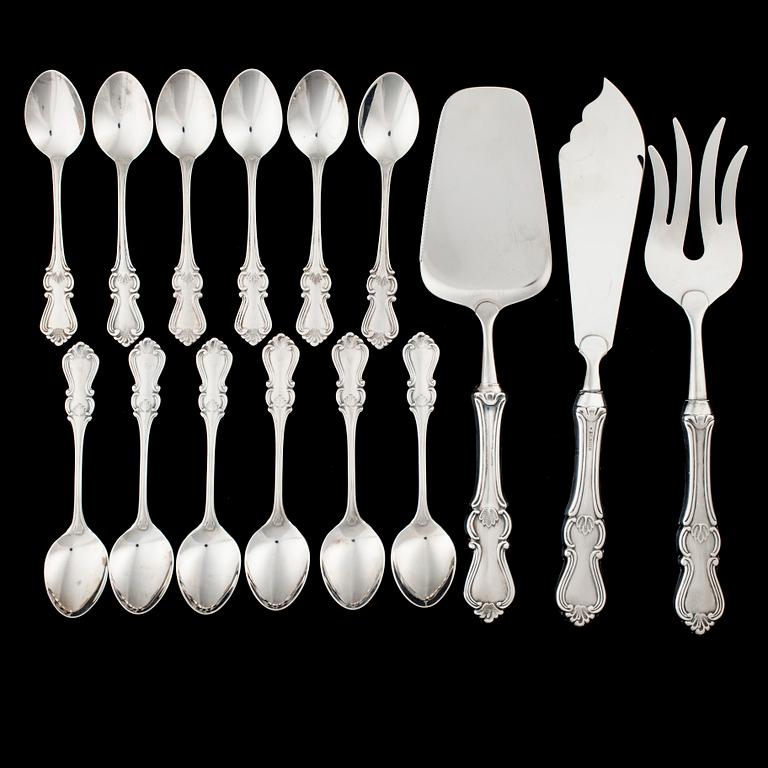 ATERIMIA, 6+6+2+1, hopeaa ja terästä, "Romantica", suomalaiset leimat, 2000-2004. Lusikoiden paino 165 g.