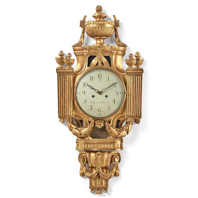 A Gustavian giltwood cartel clock by O. Ljundahl (watchmaker in Stockholm 1775-80).