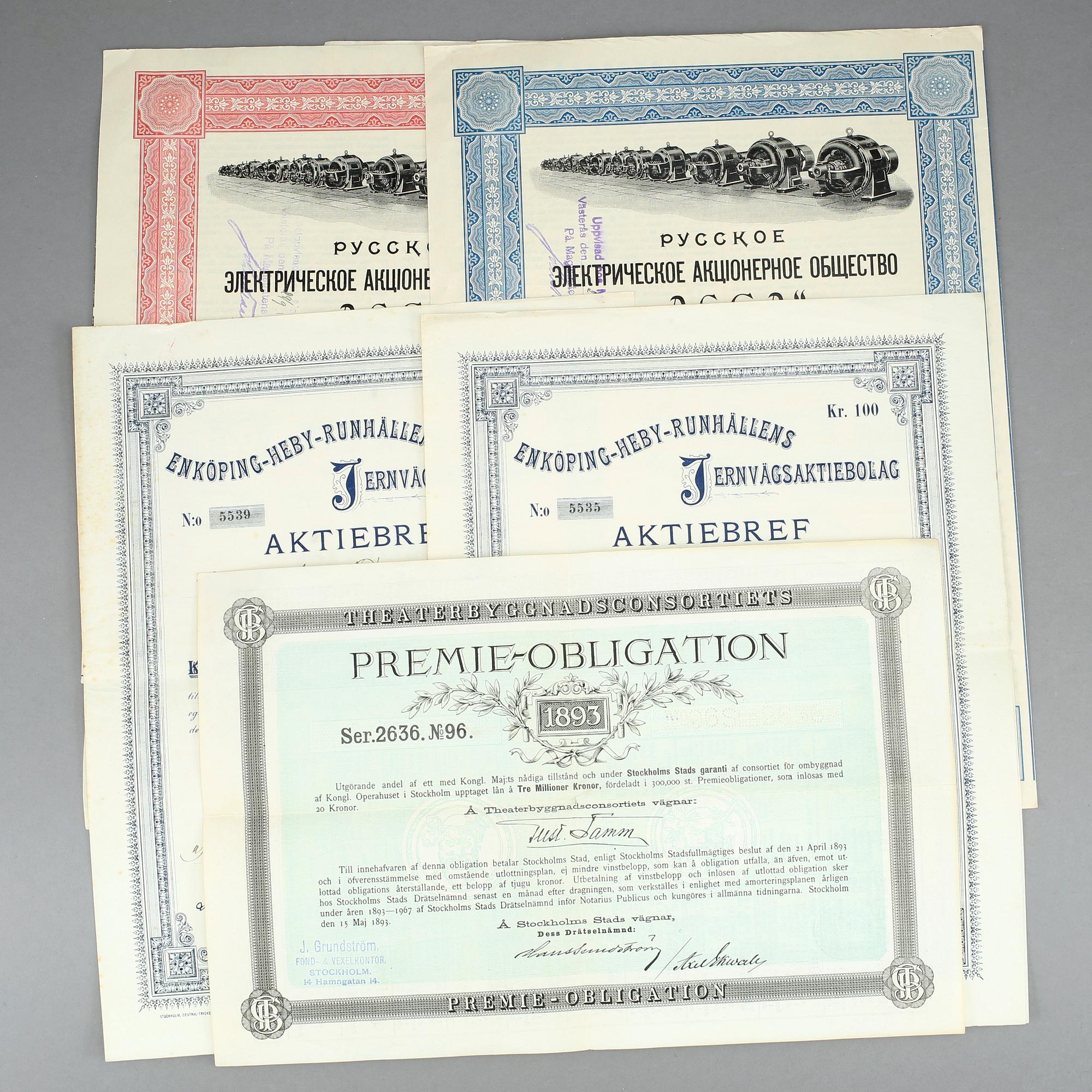 AKTIEBREV 4 st SAMT OBLIGATION, Ryssland och Sverige, 1893-1914.