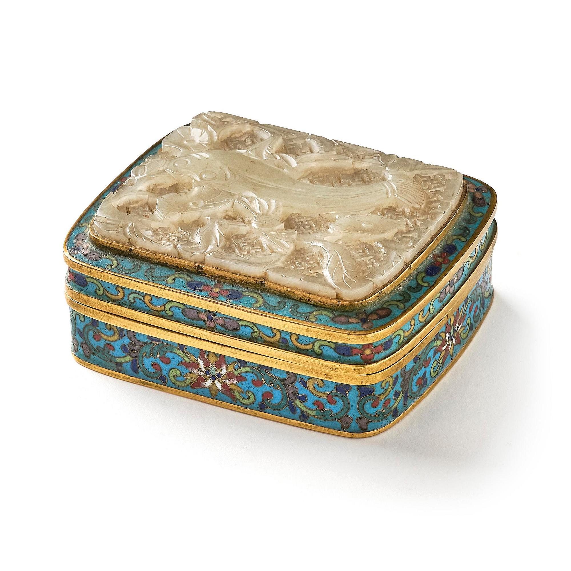 A cloisonné and jade box with cover, Qing dynasty.