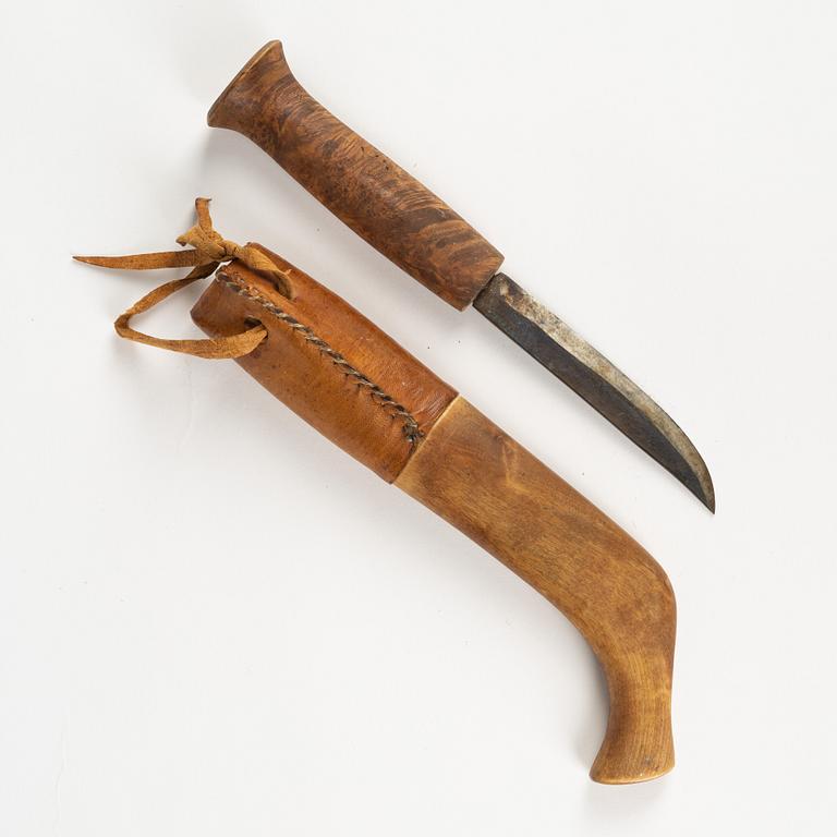 A burr birch and leather knife, unidentified signature.