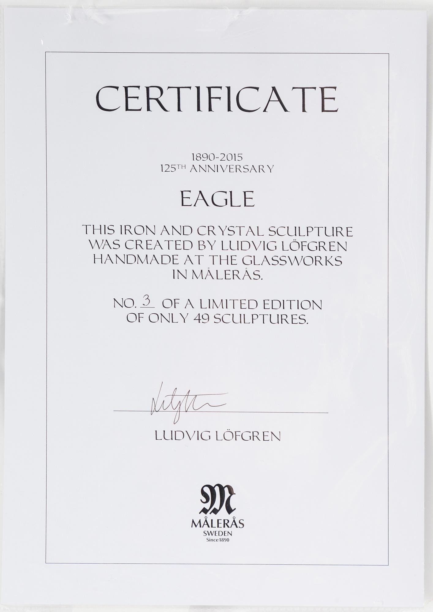 LUDVIG LÖFGREN, a glass sculpture "Eagle", signed and numbered 23/49.