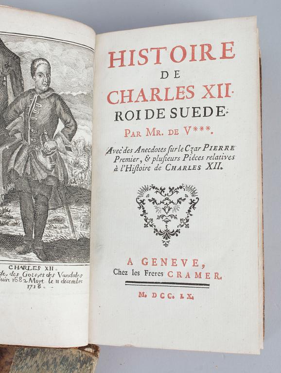 BÖCKER, 2st "Manon Lescaut", Abbé Prévost, 1839 samt "Histoire de Charles XII", Voltaire, 1760.