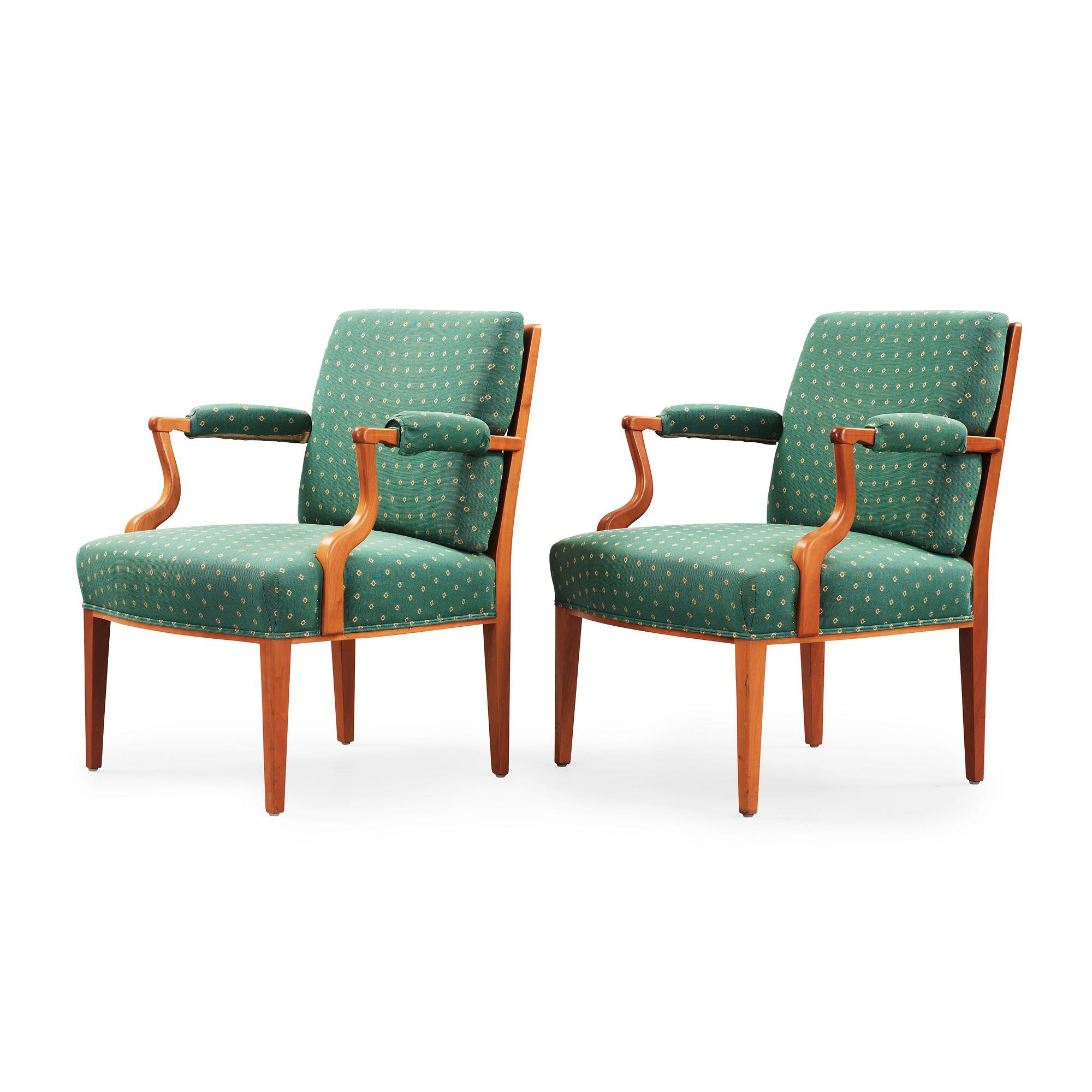 A pair of Josef Frank mahogany and rattan armchairs, Svenskt Tenn, model 969.