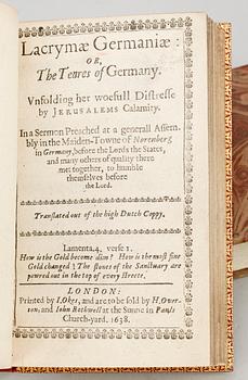 BÖCKER, 5 vol i en, bla "The Warnings of Germany by Wonderfull Signes.." av L. Brinckmair, London 1638.